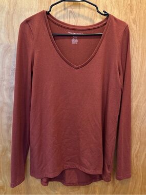 American Eagle Outfitters Long-Sleeve V-Neck Top - Rust Brown